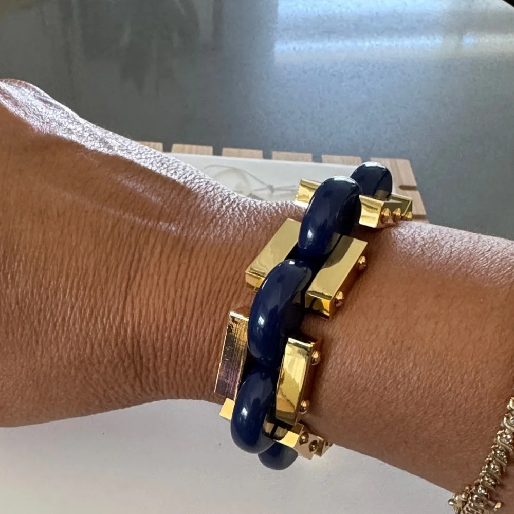 Tory Burch NWT Gold and Blue inlay enamel Chunky Bracelet